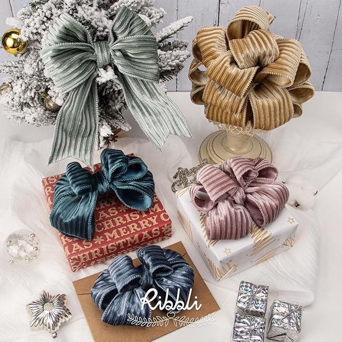 Ribbli Glossy Teal Green Velvet Wired Ribbon 2.5 Inch Striped Velvet Christmas Ribbon for Gift Wrapping Christmas Tree Decoration Crafts Wreaths Supplies-Continuous 10 Yards