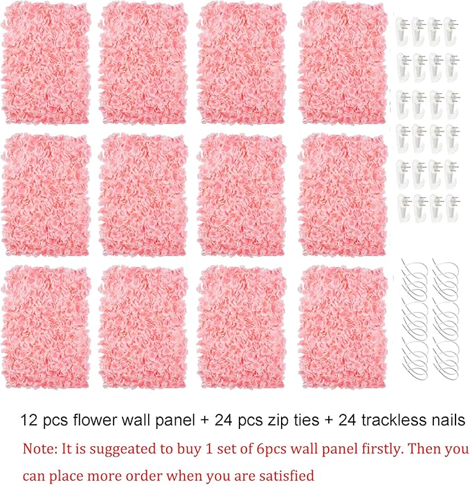 BLOSMON Flower Wall Backdrop Decor: 12 Pcs 24 x 16 Inch Blush Artificial Floral Panels for Wedding Party Baby Bridal Shower - 3D Fake Silk Hydrangea Wall Decoration