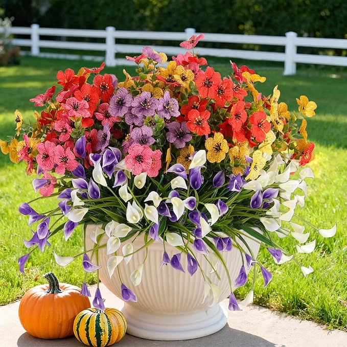 12 Bundles Artificial Flowers for Outdoor,UV Resistan Calla Lily&Daisy Fake Flowers,Realistic Plastic Faux Plants for Spring Decor,Porch,Patio,Garden,Window Box (Mixed)