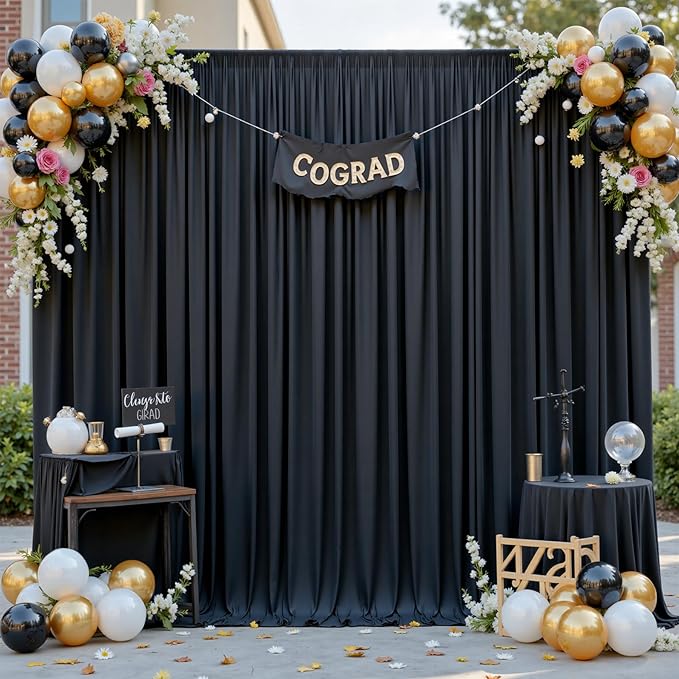 gogoparti 20 ft × 12 ft Black Backdrop Curtain for Wedding Parties, 4 Panels Wrinkle-Free 12 FT Long Polyester Photo Backdrop Drapes for Birthday, Baby Shower, Halloween Photography Background