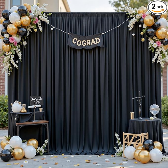 gogoparti 10 ft × 12 ft Black Backdrop Curtain for Wedding Parties, 2 Panels Wrinkle-Free 12 FT Long Polyester Photo Backdrop Drapes for Birthday, Baby Shower, Halloween Photography Background