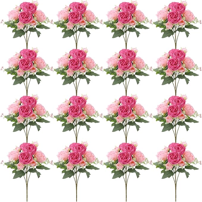 16 Pack Pink,Hot Pink Peonies Artificial Flowers,Fake Silk Hydrangea Bouquet for Bridal Wedding Home Table Decor Reusable Dining Opening Ceremony Birthday Arrangement Faux Floral