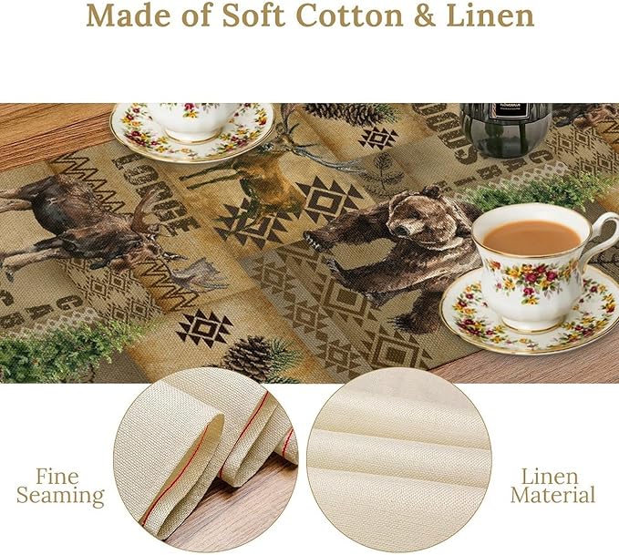 Rustic Cabin Table Runner, Farmhouse Deer Bear Retro Pine Forest Native Aztec Wild Animal Seasonal Coffee Table Center Decor for Home Kitchen Dining Patio Holiday Party Table Decorations 13x90 inches