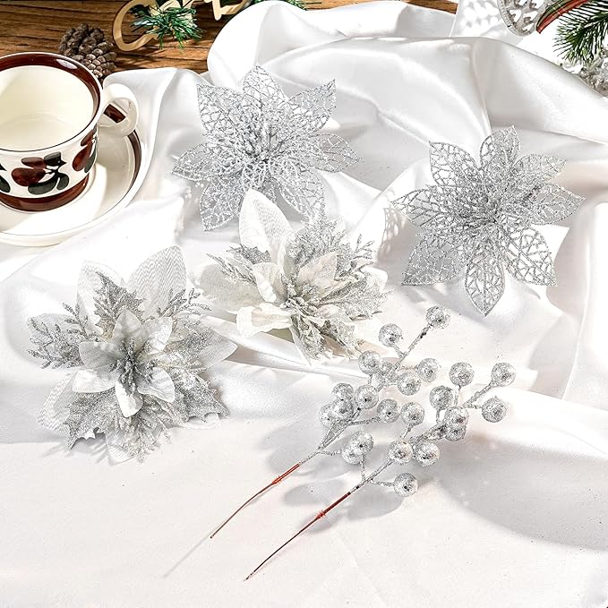 24Pcs Christmas Poinsettia Artificial Flowers and Glitter Berries Kit, 2 Styles Total 16Pcs Christmas Tree Flowers Ornaments, 8Pcs Christmas Tree Picks for Wedding Holiday Decorations, Silver