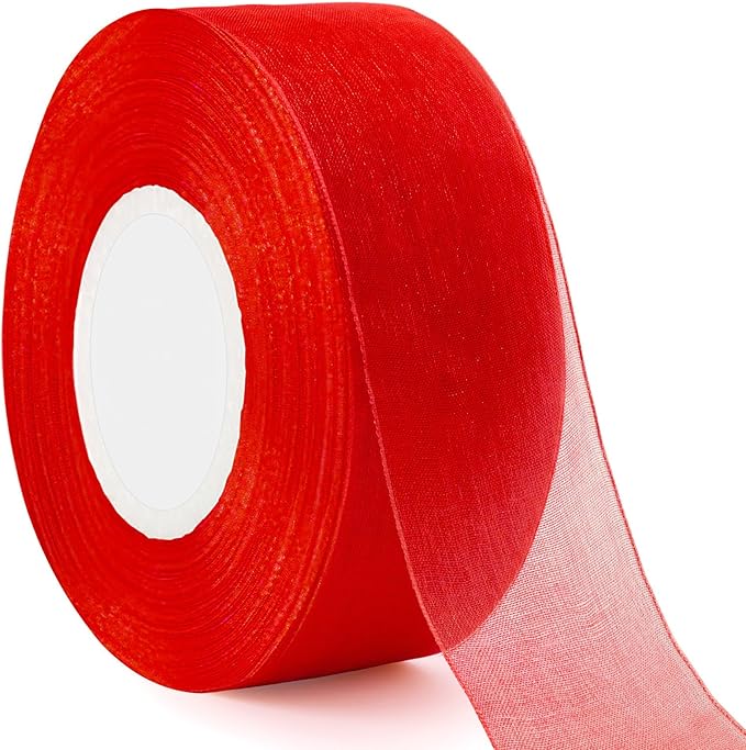 1-1/2 Inch 50 Yards Red Christmas Ribbons, Sheer Organza Holiday Ribbons for Gift Wrapping, Wedding, Party, Flower Bouquet, DIY Craft