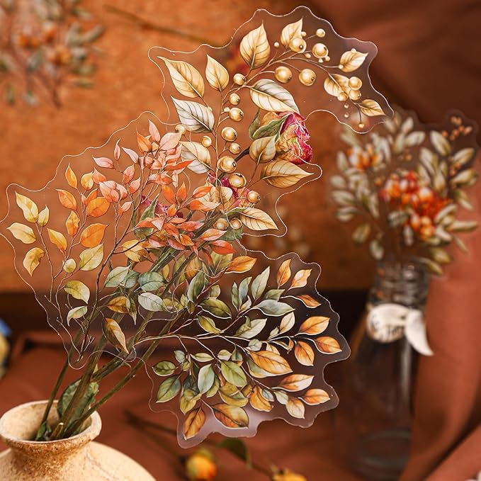 TIAMECH Amber Flower Shadow PET Stickers - 120 Pcs Branch Garland Flicker Design, Waterproof Sticker for Journaling & Scrapbooking, Junk Journal Supplies, Ephemera & DIY Crafts