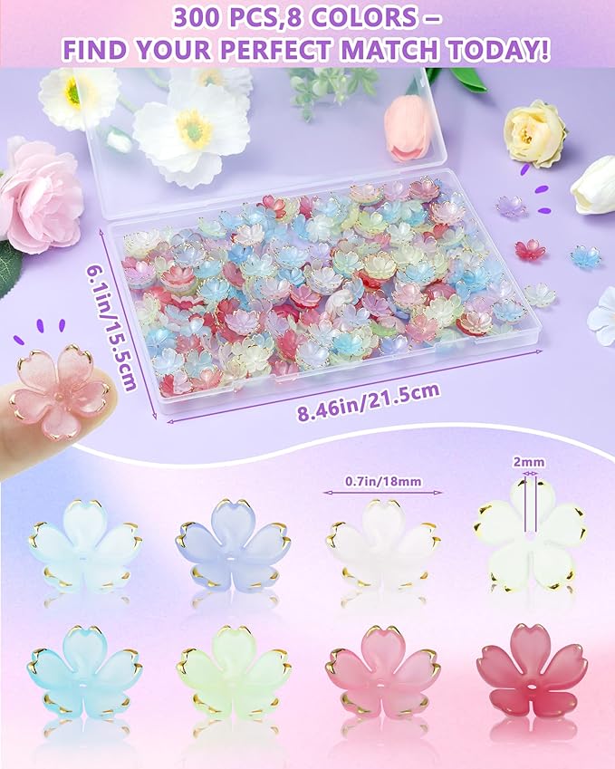 FIVEIZERO 300PCS Acrylic Cherry Blossom Flower Beads, 8 Colors Sakura Floral Bead Caps Charms for Bracelets, Necklaces & DIY Jewelry Making