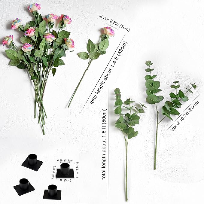 FiveSeasonStuff Rainbow Real Touch Silk Artificial Flowers ‘Petals Feel and Look Like Fresh Roses’ 9 Stems with Eucalyptus, Candle Holders and Jute Ribbon