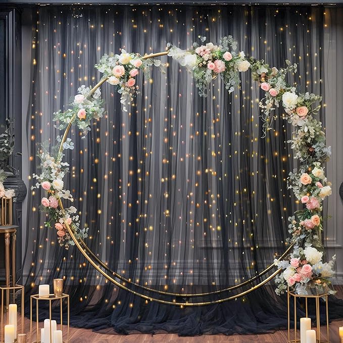 10x8ft Black Tulle Backdrop Curtain with Lights String for Parites, Sheer Backdrop Curtains for Wedding Baby Shower Birthday Party Photo Shoot Decorations
