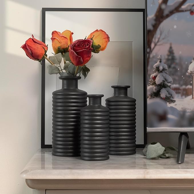 Black Ceramic Vases for Home Decor, Modern Farmhouse Frosted Semi Matte Textured Decorative Vase Set, Unique Vase for Entryway, Coffee Table, Shelf, Small Pampas Grass and Flowers