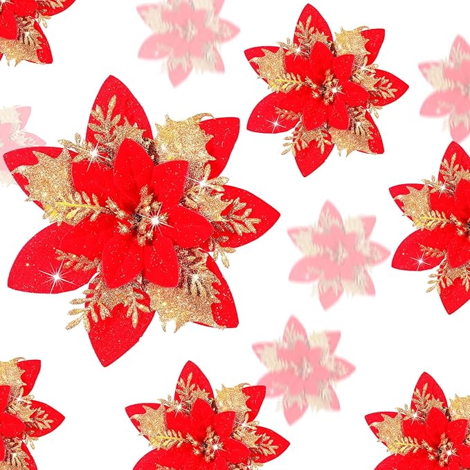 36 Pcs Christmas Glitter Artificial Poinsettia Flowers Xmas Poinsettia Artificial Wedding Flowers Decorations Xmas Tree Ornaments with Clips for Party, 6 Inch, 4 Inch, 3 Inch(Red and Gold)