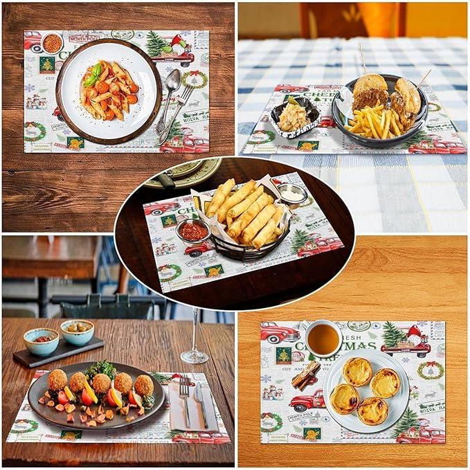 Christmas Placemats Simple Rustic Christmas Tree Red Gnome Truck Christmas Bells Gifts Wreath Snowman Greeting Card Placemats Table Kitchen Dining Party 12x18 Inch Set of 4