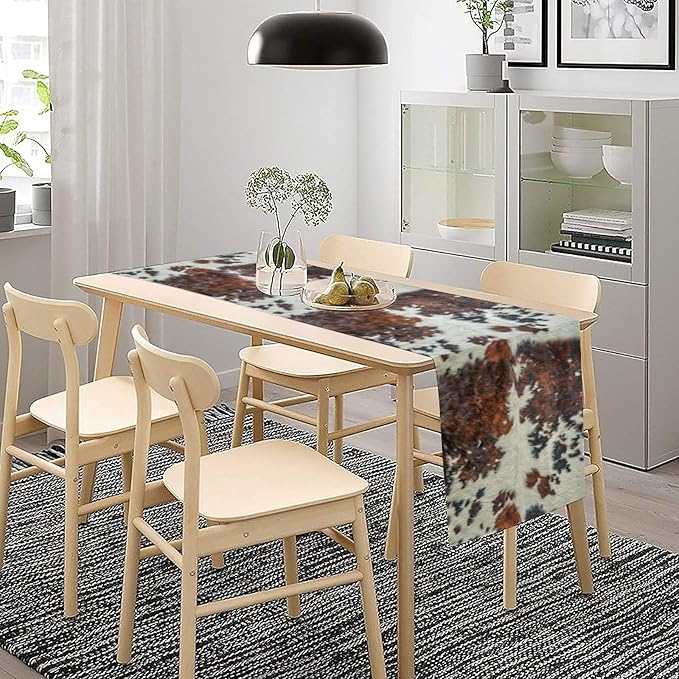 Cow Print Table Runner, Brown Cowhide Print Western Style Table Runner Country Farmhouse Cottage Cow Patten Table Decoration for Home Kitchen Dining, 13x120 in