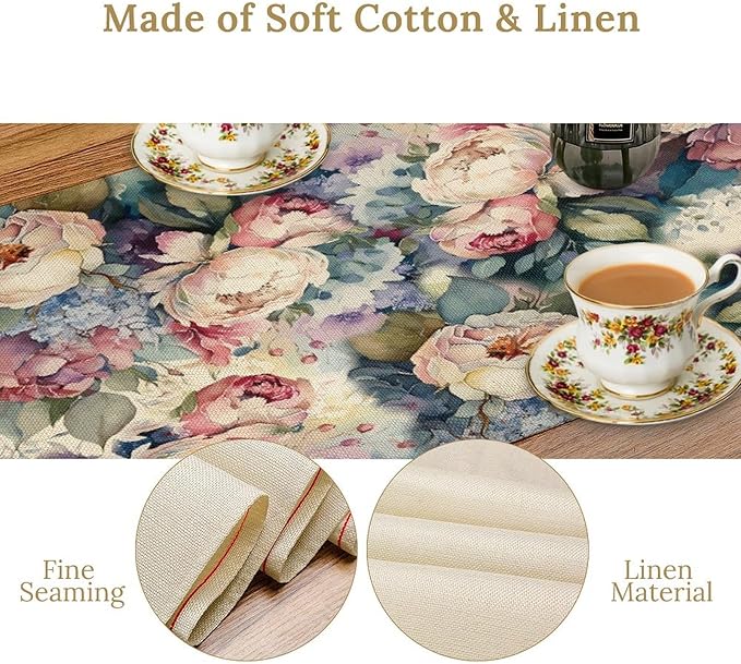 Vintage Floral Table Runner,Girls Women Rose Romantic Leaf Botanical Watercolor Pattern Print Burlap for Hotel Indoors Outdoor Dining Room Kitchen Holiday Party, 13x108in