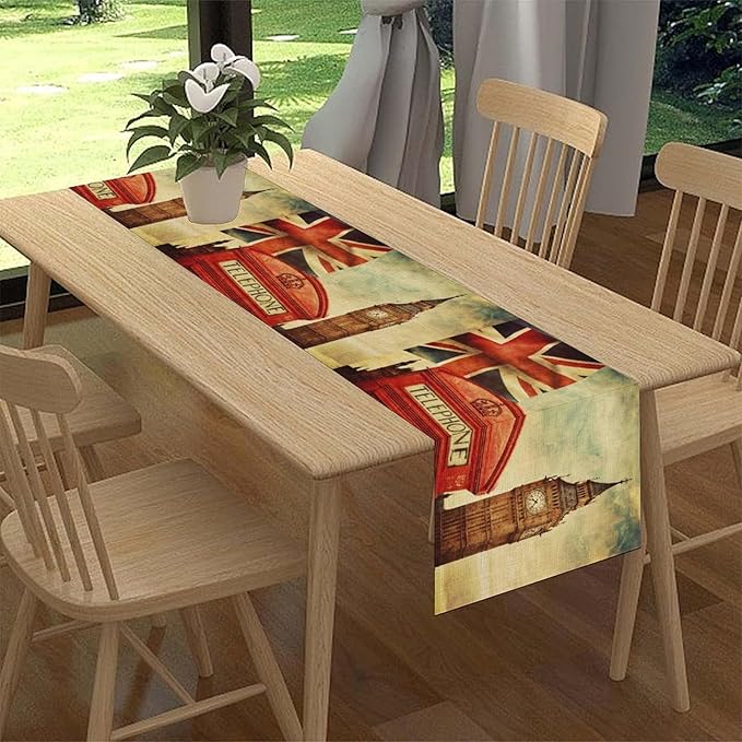 British Table Runner, Seasonal Vintage Buildings England London Culture Element Coffee Table Center Decor for Home Kitchen Dining Patio Holiday Party Table Decorations 13x36 inches