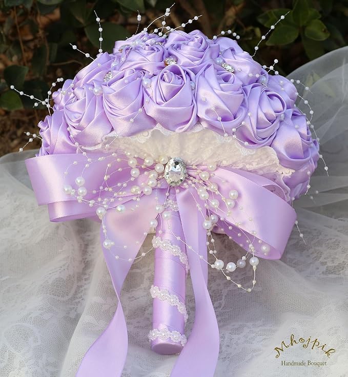 Bridal Wedding Bouquet Round Bling Brooch Bouquet Throw Toss Artificial Rose Flower Bunch for Bride Bridesmaid Wedding Quinceanera(Light Purple, 8.7")