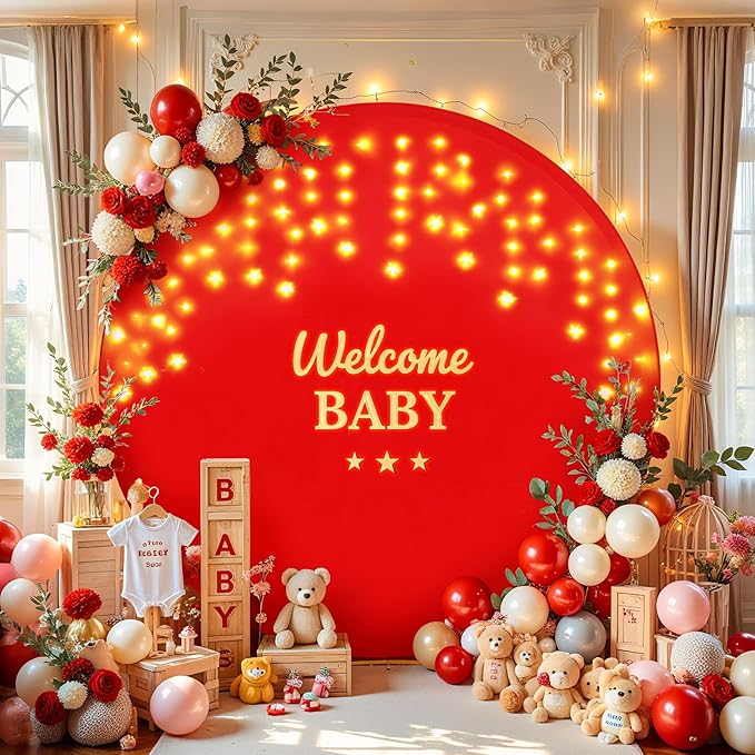 6.6 FT Red Round Backdrop Cover with Lights String for Circle Arch Stand Circle Backdrop Covers with LED Fairy Lights for Wedding Arch Baby Shower Birthday Party Photo Shoot Photography Background