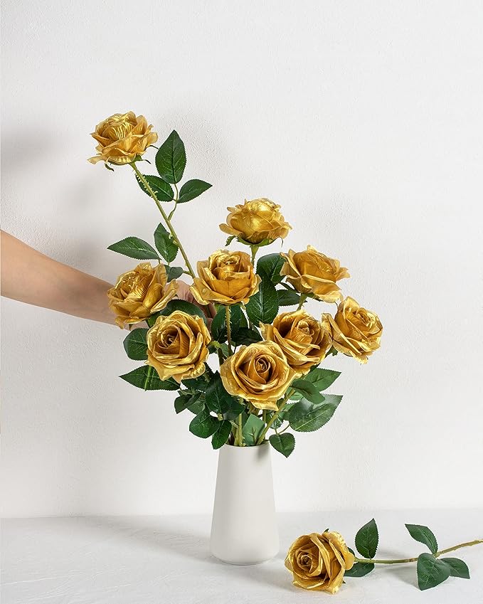 DuHouse 10pcs Silk Roses Artificial Flowers Fake Rose for Arrangement Wedding Party Home Decoration (Gold)