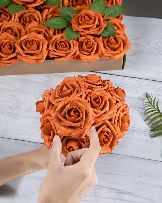 DuHouse 25Pcs Artificial Roses Flowers Fake Rose with Stems Real Touch Foam Flowers for DIY Wedding Bouquet Baby Shower Centerpiece Floral Arrangement Party Home Decor(Burnt Orange)