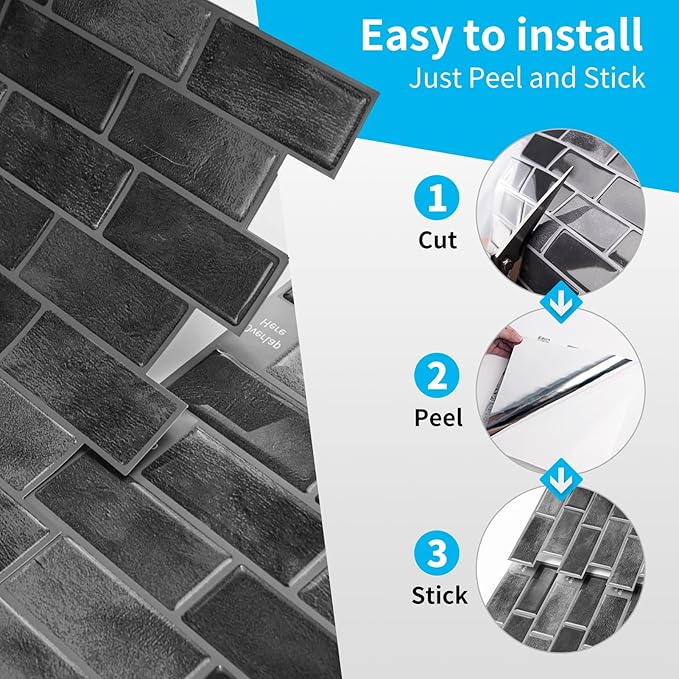 Art3d 10-Sheet Kitchen Backsplash Tiles Peel and Stick, Self Adhesive Wall Tile Sticker for Kitchen Island Bathroom Laundry Room RV Renter 12" x 12" - Smoky Black