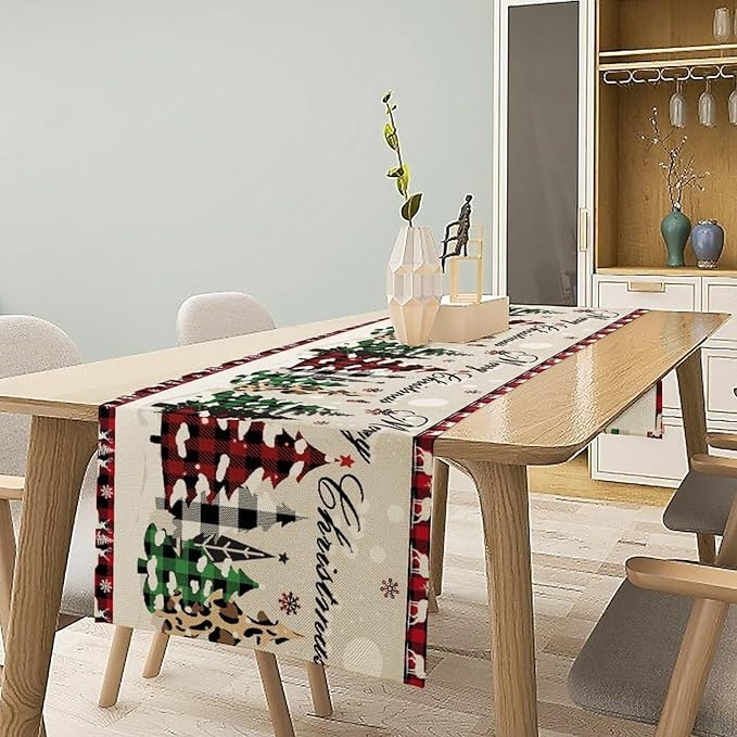 Christmas Tree Table Runner,Farmhouse Xmas Trees Buffalo Plaid Winter Snowflake Tablecloth Burlap for Hotel Indoors Outdoor Dining Room Kitchen Home Decor,W13X L108 in