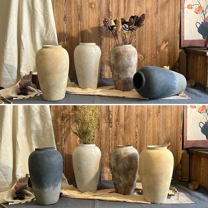 12 Inch Farmhouse Decor Ceramic Rustic Vase,Beige Handmade Flower Vases for Centerpieces,Pottery Vase for Living Room,Kitchen & Bedroom Decor,Vintage Ceramic Vases for Wedding