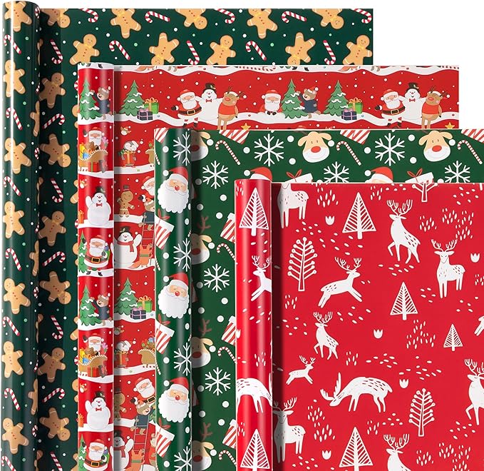 Novnsoi Christmas Wrapping Paper for Gifts (4 Rolls: 148 sq. ft. ttl) Funny Candy Cane Santas, Reindeer, Christmas Tree, Snowflakes - 30 inches x 14.8 feet Per Roll