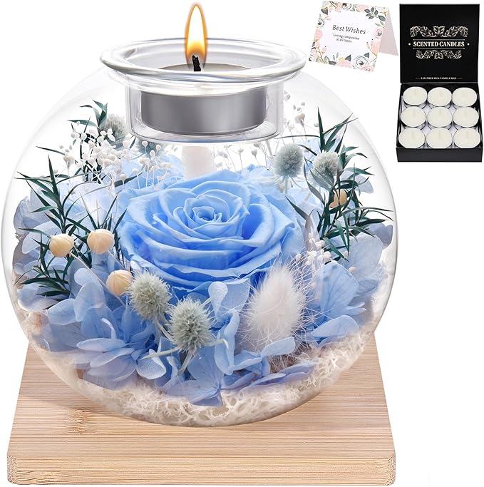 Christmas Birthday Gifts for Women Preserved Roses in Glass Dome with Scented - Romantic Preserved Flower for Women, Girlfriend, Wife, Mom, Grandma, Sister, Her-Blue