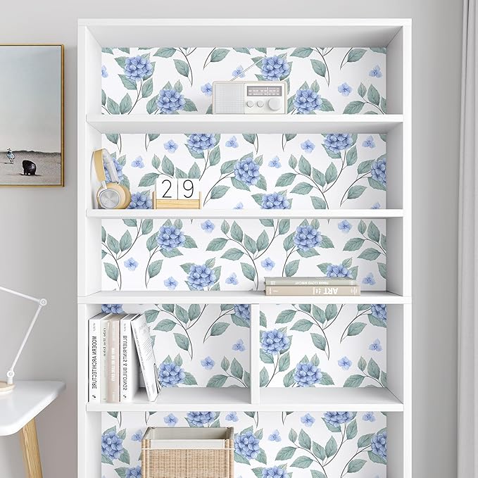 Blue Floral Peel and Stick Wallpaper Boho Hydrangea Floral Contact Paper for Cabinets Drawers 17.7"x160" Prepasted Watercolor Flower Wall Paper Blue and White Botanical Wallpaper for Bedroom