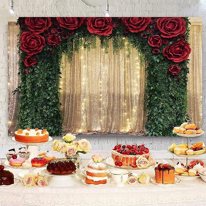 10x8ft Wedding Backdrop Red Rose Flowers Gold Sequin Wall Greenery Leaves Photography Background Bridal Wedding Party Banner Decorations Supplies Photo Booth Props