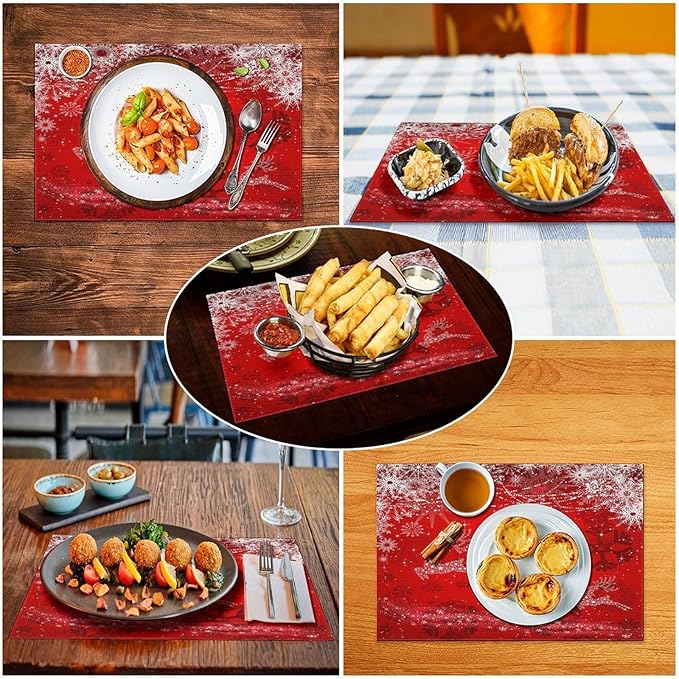 Christmas Elk Placemats Cartoon Red Festive Christmas Snowflake Gift Bell Beautiful Deer Placemats Table Kitchen Dining Party 12x18 Inch Set of 4