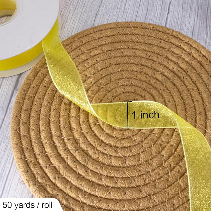Sheer Organza Ribbon 1 Inch Chiffon Ribbons for Gift Wrapping, Flower Bouquet, 50 Yards/Roll (Yellow)