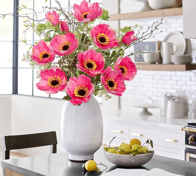 28.3" Pink Artificial Flowers Poppy Flowers 3Pcs Silk Fake Poppy Flowers Real Touch Faux Poppies Spring Flower Long Stem Arrangement with 4 Heads for Party Centerpiece Bouquet Table Home Decoration
