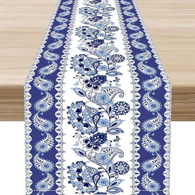 Blue Paisley Table Runner, Rustic Blue Bohemian Damask Exotic Flower Cafe Table Center Decor for Home Kitchen Dining Patio Holiday Party Indoor Outdoor Table Decorations 13x36 inch