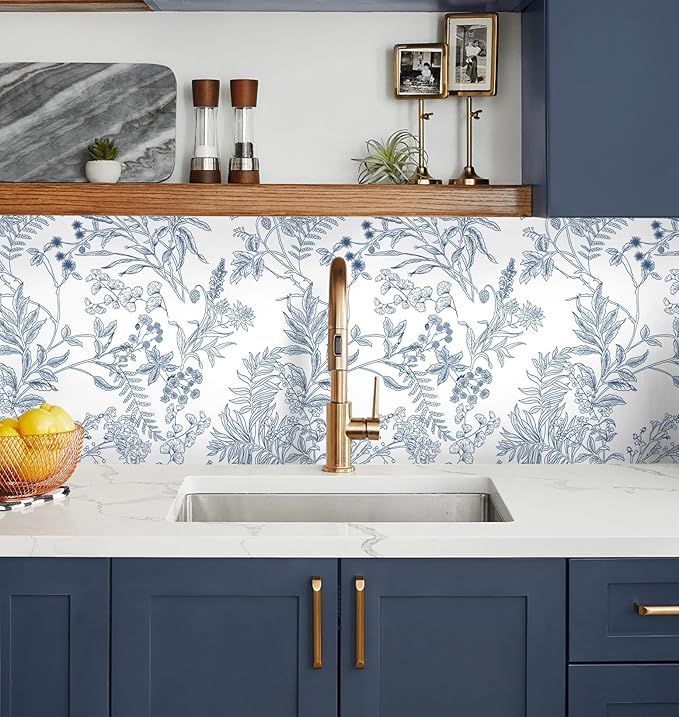 394"x17.3" Peel and Stick Wallpaper Blue and White Floral Wall Paper for Bedroom Blue Contact Paper for Cabinets Self-Adhesive Removable Wallpaper for Bathroom Kitchen Wall Decor