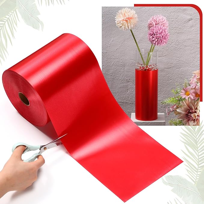 Syhood Outdoor Leaf Ribbon Floral Satin Ribbon for Crafts Aspidistra Waterproof Holiday Outdoor Decoration(8 Inch X 216 Yards,Red)