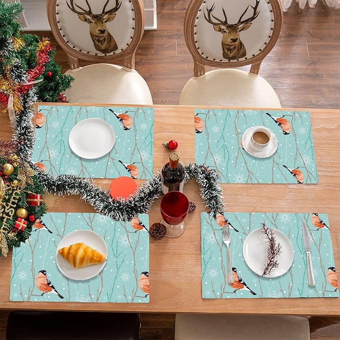 Christmas Snowflakes Placemats Set of 4,Bullfinch Placemats Dining Table Mat Set,12x18 Washable Stain Resistant Wipeable Cloth Placemat for Kitchen Buffet Parties
