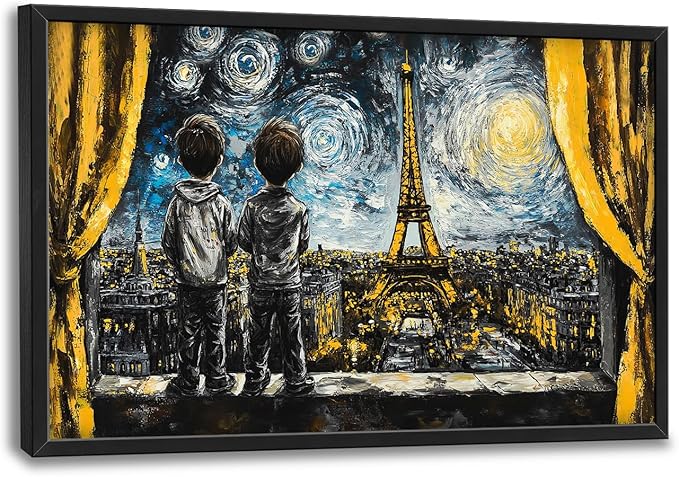 Graffiti Banksy Large Wall Art Inspirational Eiffel Tower Pictures Wall Decor Above Over Bed Canvas Prints Painting Framed Artwork Decoration For Bedroom Living Room 36"x24"