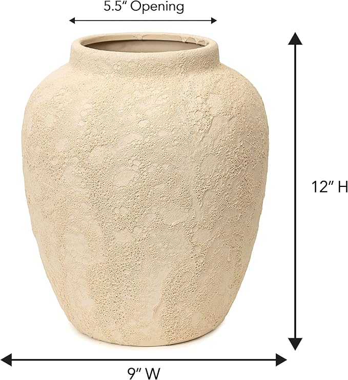 Handcrafted Moon Jar Ceramic Vase - Textured Beige Spherical Pottery - Minimalist Wabi-Sabi Home Decor - Natural Finish Round Vase [11.8" W x 12.6" H]