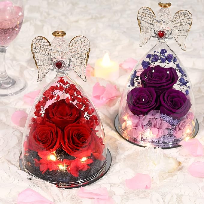 Mothers Day Rose Gifts for Women, Large Angel Figurines with Real Roses, Preserved Real Flower Rose for Her,Full Purple