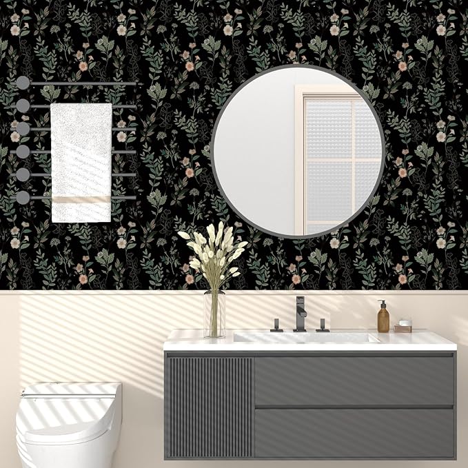 Black Green Floral Wallpaper 17.4" x 394", Dark Green Leaf Contact Paper Peel and Stick Wallpapers Waterproof Self-Adhesive Wall Covering for Bedroom Countertop Desk Cabinets Decor