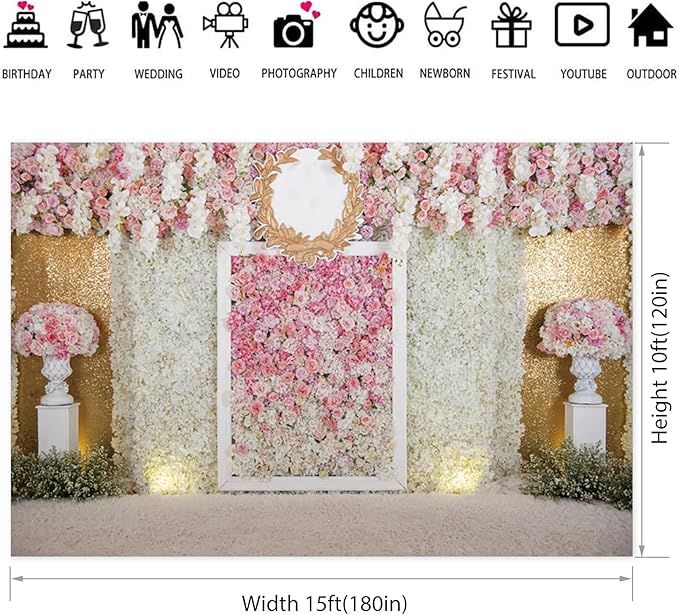 15x10ft Pink Flower Wall Photography Backdrop Proposal Ceremony Wedding Floral Photography Background Women Girl Birthday Party Bridal Shower Decor Banner Photo Booth Props