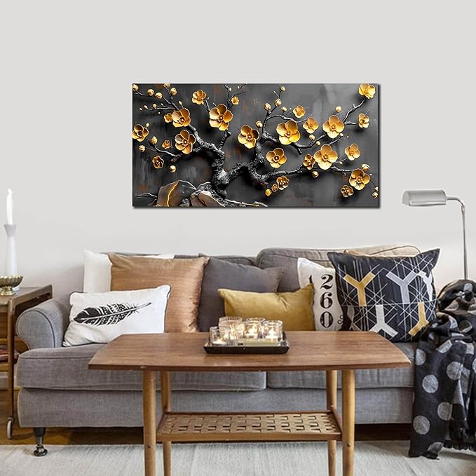 Large Canvas Wall Art for Living Room Bedroom Home Office Grey and Gold Metal Color Plum Blossom Picture Modern Canvas Prints Framed Wall Decor Size 20x40