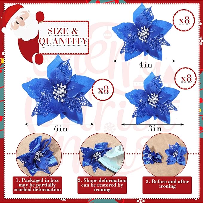 Boao 24 Pieces Christmas Artificial Glitter Poinsettia Flowers Xmas Flowers Wedding Christmas Tree New Year Ornaments(Royal Blue)