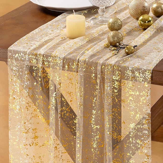 Socomi Gold Table Runner Christmas Gauze Sheer Chiffon Cheesecloth Sequin 10FT Glitter Metallic Foil Dining Wedding Birthday Party Fall Winter Holiday Centerpiece Table Decor 3pcs Beige