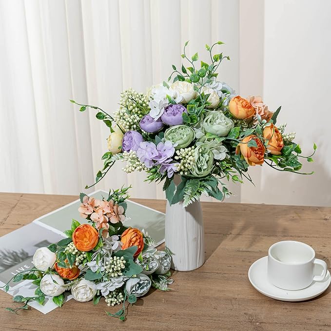 KAOYOO 4 PCS Artificial Peony Bouquet Short Stem for DIY Wedding Decoration Bridal Bouquet Home Decorations(White 4-PCS)