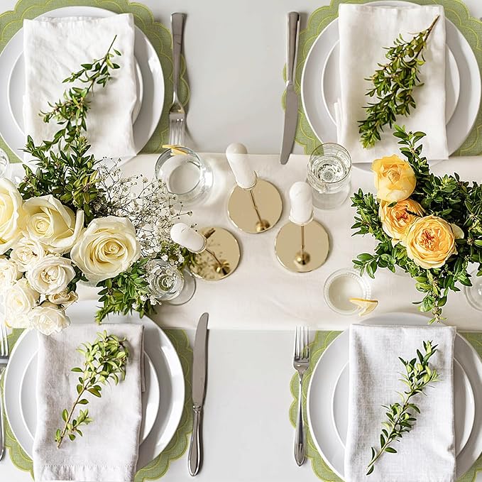 Set of 8 Cotton Linen Placemats, 15x15 Scalloped Flower Embroidery Cloth Table Mats Double Layered Fabric Machine Washable Wrinkle Free Dining Placemat for Hotel Restaurant Kitchen Decor, Green