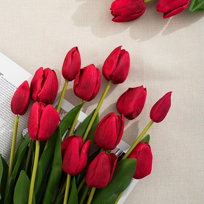 Real Touch Artificial Tulips, 20pcs Fake Tulip Flowers Stem, PU Faux Tulips 19.7” for Mother's Day, Home Decor, Wedding, Easter Valentine's Gift, Table Centerpiece, Floral Arrangements, Red