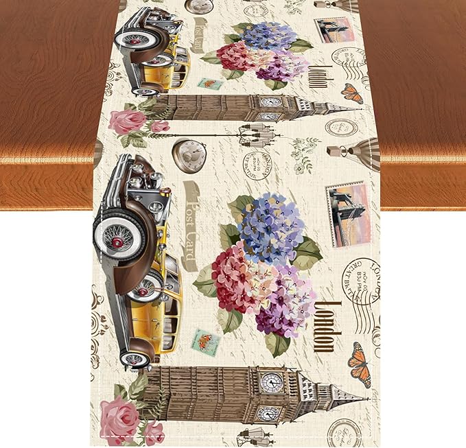 British Table Runner, Seasonal Vintage Floral England London Culture Element Coffee Table Center Decor for Home Kitchen Dining Patio Holiday Party Table Decorations 13x90 inches