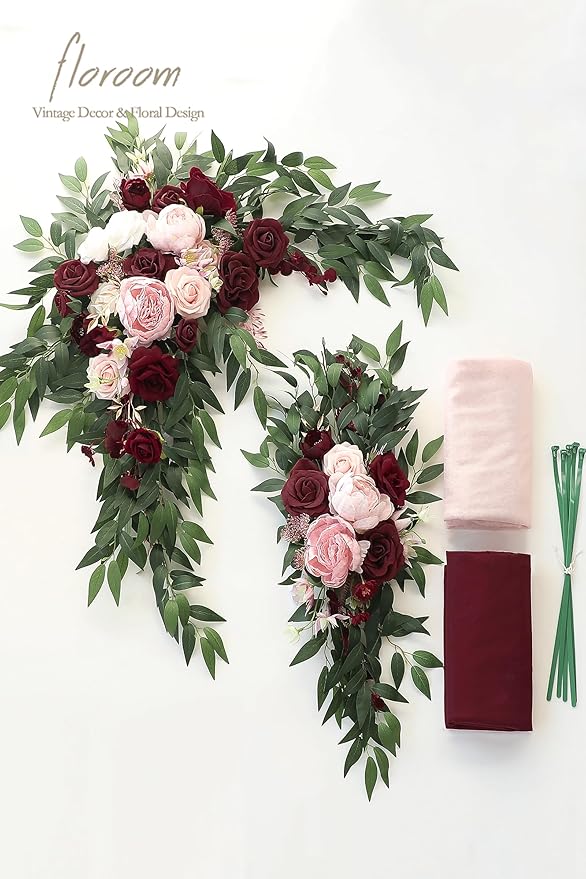 Floroom Arch Flowers with Drapes Kit (Pack of 4) - 2pcs Artificial Burgundy & Blush Floral Swag Arrangement with 2pcs Draping Fabric for Wedding Ceremony Arbor and Reception Backdrop Decoration